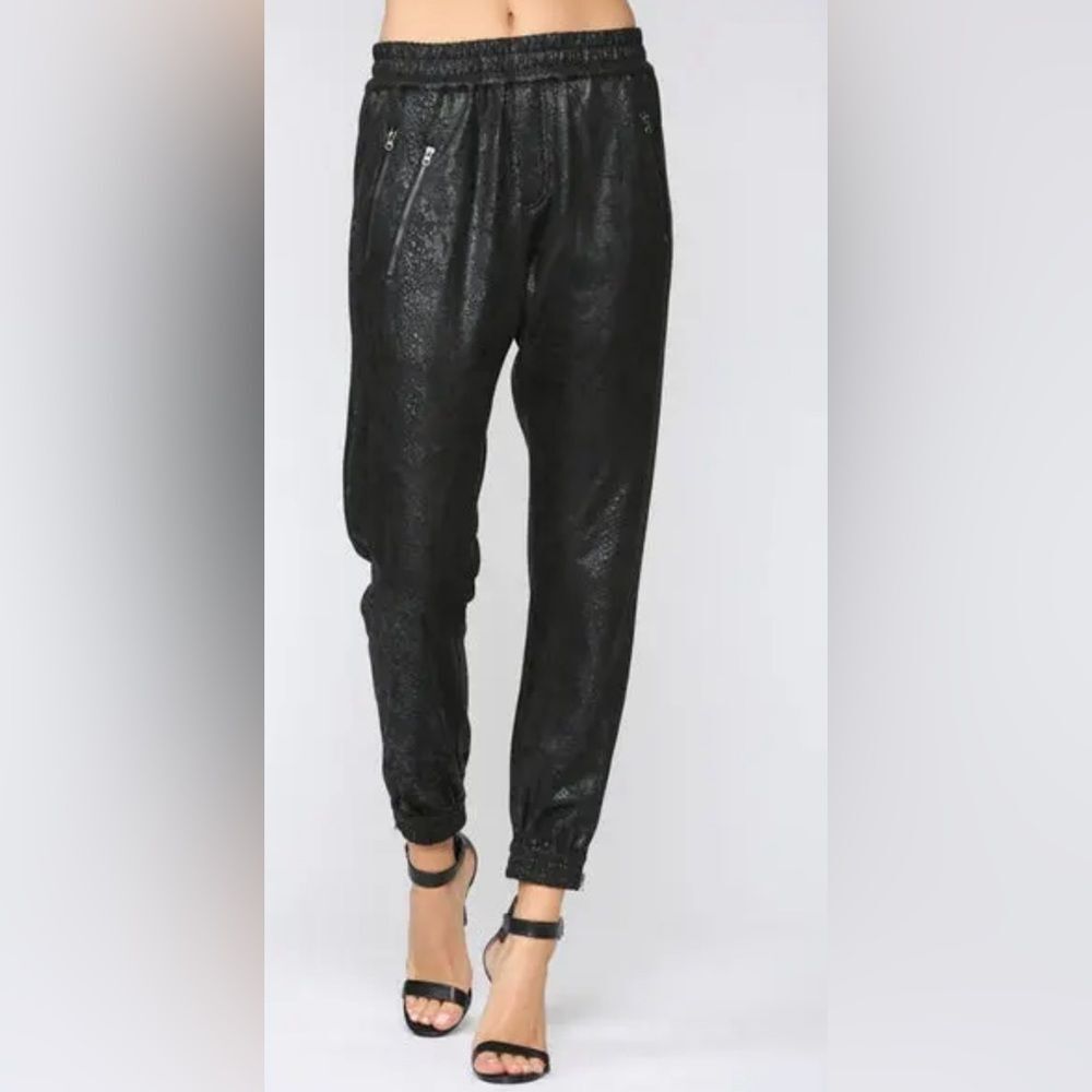 FATE Black Snake Print Faux Suede Joggers With Zippers on Bottom Size Small EUC